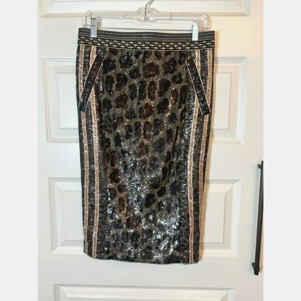 Byron Lars Beauty Mark Leopard Sequin Pencil Skirt Size 8 Metallic NWT